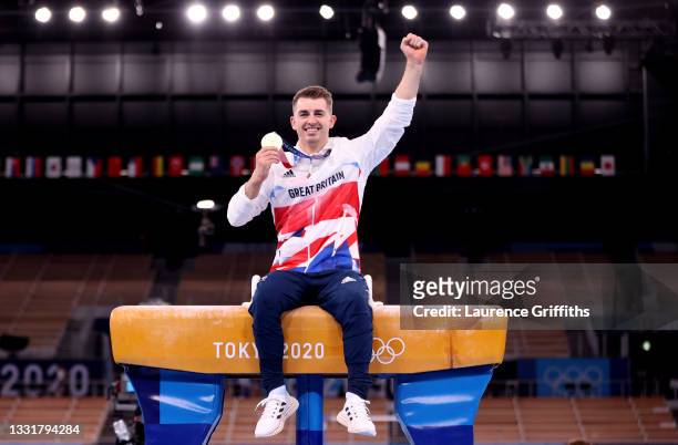 Max Whitlock of Team Great Britain celebrates after winning gold in the Men's Pommel Horse Final on day nine of the Tokyo 2020 Olympic Games at...
