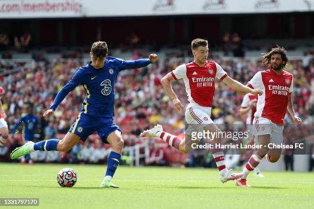 Kai Havertz of Chelsea scores their side's first goal during the Pre-Season Friendly match between Arsenal and Chelsea at Emirates Stadium on August...