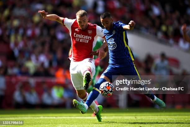 Callum Chambers of Arsenal battles for possession with Hakim Ziyech of Chelsea during the Pre-Season Friendly match between Arsenal and Chelsea at...