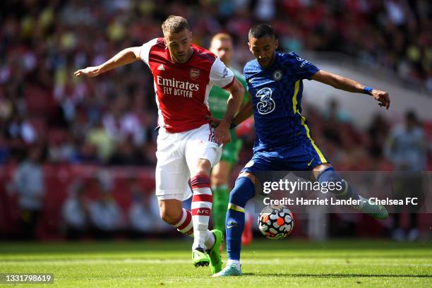 Callum Chambers of Arsenal battles for possession with Hakim Ziyech of Chelsea during the Pre-Season Friendly match between Arsenal and Chelsea at...