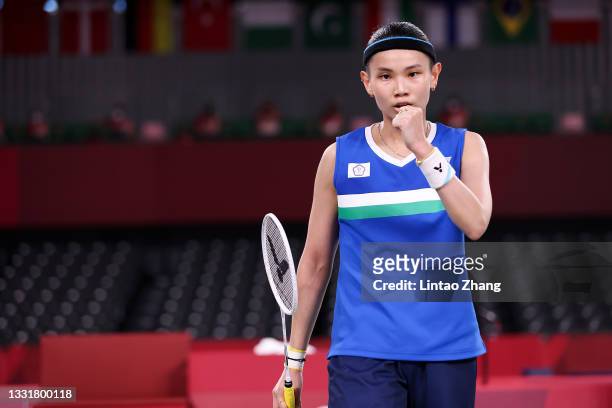Tai Tzu-Ying of Team Chinese Taipei react as she competes against Chen Yu Fei of Team China during the Women’s Singles Gold Medal match on day nine...