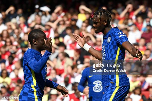 Tammy Abraham of Chelsea celebrates with N'Golo Kante after scoring their side's second goal during the Pre-Season Friendly match between Arsenal and...