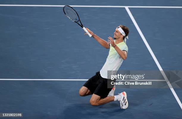 Alexander Zverev of Team Germany celebrates victory after his Men's Singles Gold Medal match against Karen Khachanov of Team ROC on day nine of the...