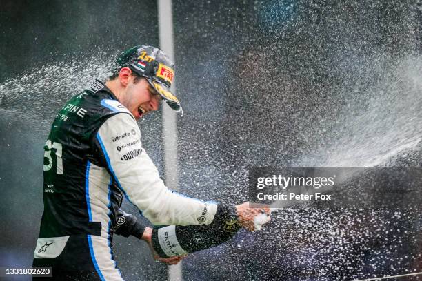 Esteban Ocon of France and Renault celebrates winning the F1 Grand Prix of Hungary at Hungaroring on August 01, 2021 in Budapest, Hungary.