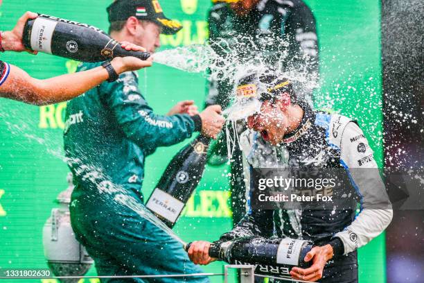 Esteban Ocon of France and Renault celebrates winning the F1 Grand Prix of Hungary at Hungaroring on August 01, 2021 in Budapest, Hungary.