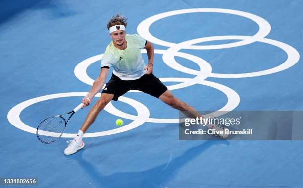 Alexander Zverev of Team Germany plays a forehand during his Men's Singles Gold Medal match against Karen Khachanov of Team ROC on day nine of the...