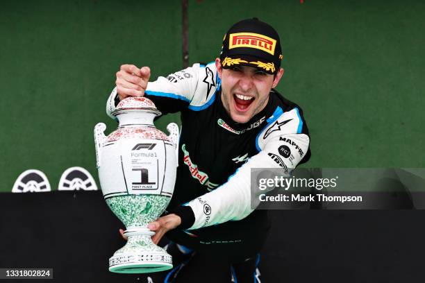 Race winner Esteban Ocon of France and Alpine F1 Team celebrates on the podium during the F1 Grand Prix of Hungary at Hungaroring on August 01, 2021...