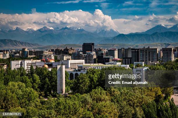 breathtaking snow capped view of kyrgyz ala-too mountains, view from beautiful bishkek city, kyrgyzstan - bichkek photos et images de collection