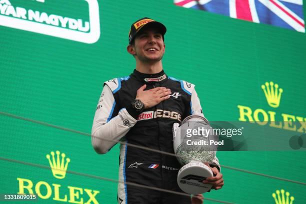 Race winner Esteban Ocon of France and Alpine F1 Team celebrates on the podium during the F1 Grand Prix of Hungary at Hungaroring on August 01, 2021...