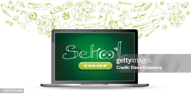 back to school! laptop with screen and drawings by hand on an isolated white background. creative poster or banner - high school lunch stock illustrations