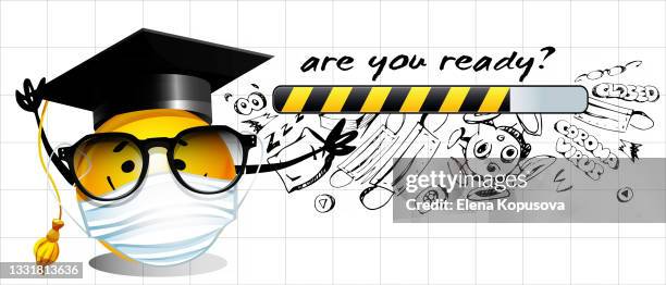 back to school during coronavirus quarantine! an emoticon in a protective mask with drawings by hand on a neutral background. creative poster or banner - bus mask stock illustrations