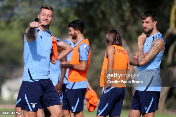 Sergej Milinkovic Savic and Francesco Acerbi of SS Lazio during the SS Lazio training session at the Formello sport centre on August 01, 2021 in...