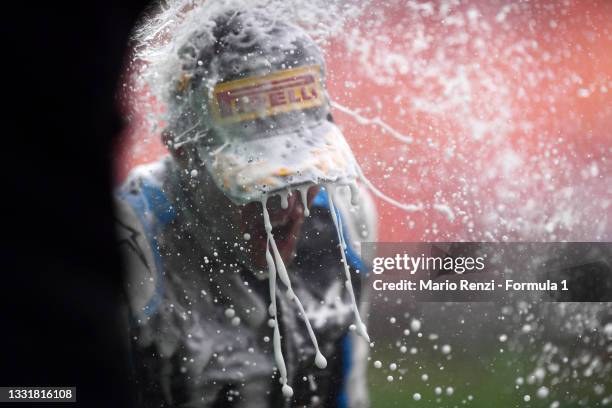 Race winner Esteban Ocon of France and Alpine F1 Team celebrates on the podium during the F1 Grand Prix of Hungary at Hungaroring on August 01, 2021...