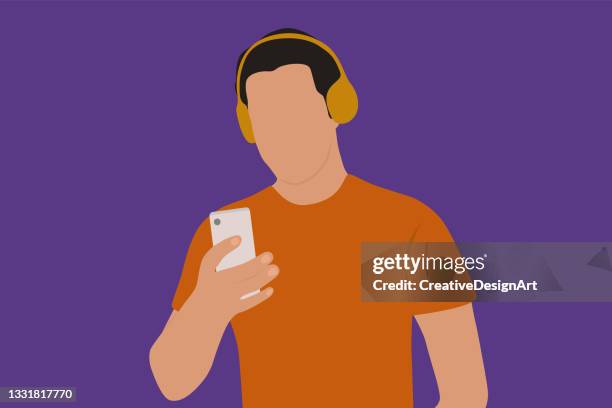 ilustrações de stock, clip art, desenhos animados e ícones de young man wearing wireless headphones and listening music on mobile phone - holding phone