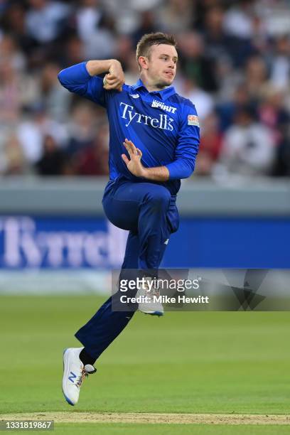 Mason Crane of London Spirit in action during The Hundred match between London Spirit Men and Southern Brave Men at Lord's Cricket Ground on August...