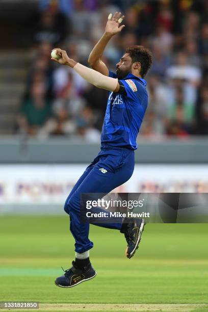 Mohammad Amir of London Spirit in action during The Hundred match between London Spirit Men and Southern Brave Men at Lord's Cricket Ground on August...