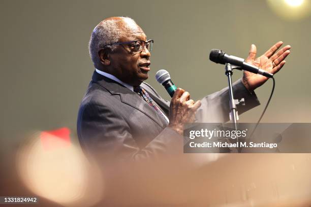 Rep. James Clyburn speaks during a Souls to the Polls rally at Sanctuary Baptist Church on August 01, 2021 in Cleveland, Ohio. Cuyahoga Councilwoman...