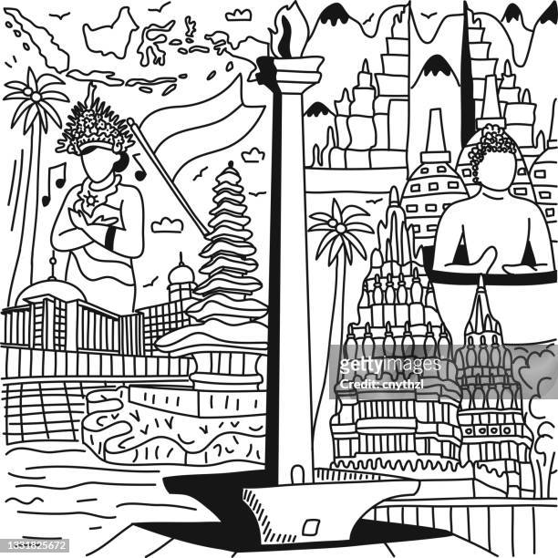 indonesien related cartoon doodle illustration. handgezeichneter vektor - indonesian ethnicity stock-grafiken, -clipart, -cartoons und -symbole