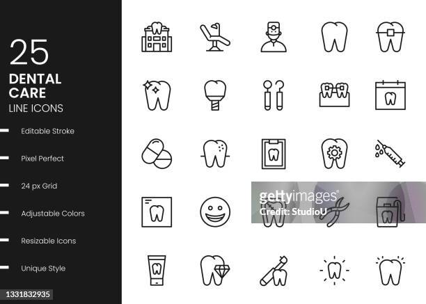 stockillustraties, clipart, cartoons en iconen met dental care line icons - dentists chair