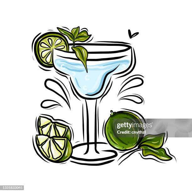 ilustraciones, imágenes clip art, dibujos animados e iconos de stock de ilustración vectorial dibujada a mano relacionada con margarita - margarita cóctel