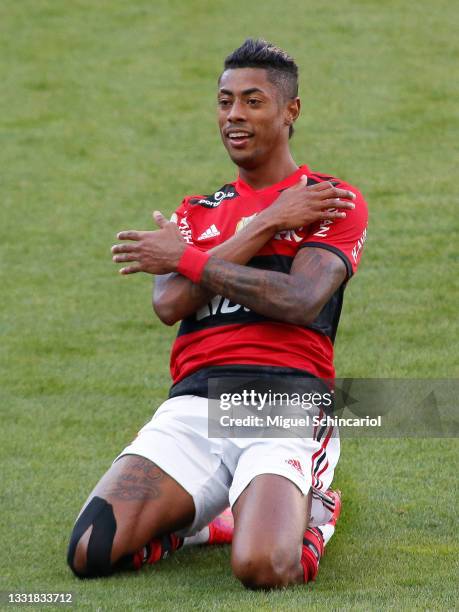 Bruno Henrique celebrates after scoring the third goal of his team during a match between Corinthians and Flamengo as part of Brasileirao 2021 at...