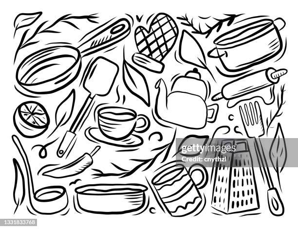 kitchenware related cartoon doodle illustration. hand drawn vector - kitchenware stock illustrations