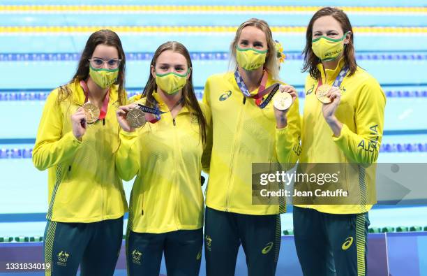 Gold Medalists of Team Australia - Kaylee McKeown; Chelsea Hodges; Emma McKeon; Cate Campbell - during the medal ceremony of the Women's 4 x 100m...