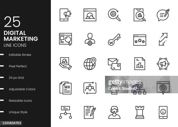 digital marketing line icons - searching icon stock illustrations