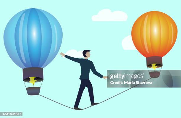 balloon to another as taking a risk metaphor for changing position or career.change challenge and caution business motivational concept. - stability stock illustrations
