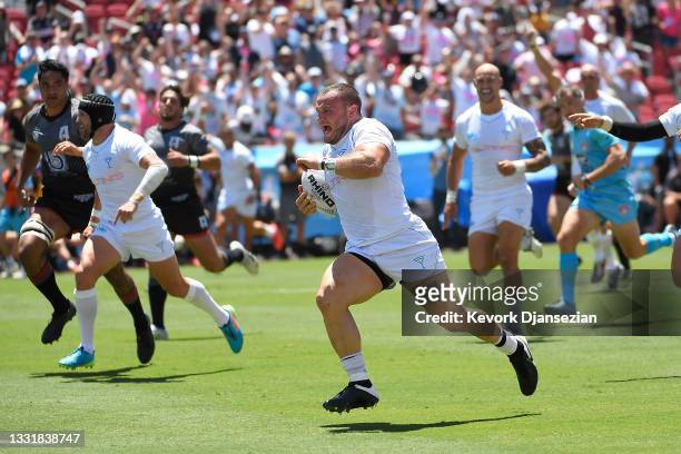 Johnny Ryberg of LA Giltinis runs for a try against Rugby Atlanta during the first half at Los Angeles Coliseum on August 01, 2021 in Los Angeles,...