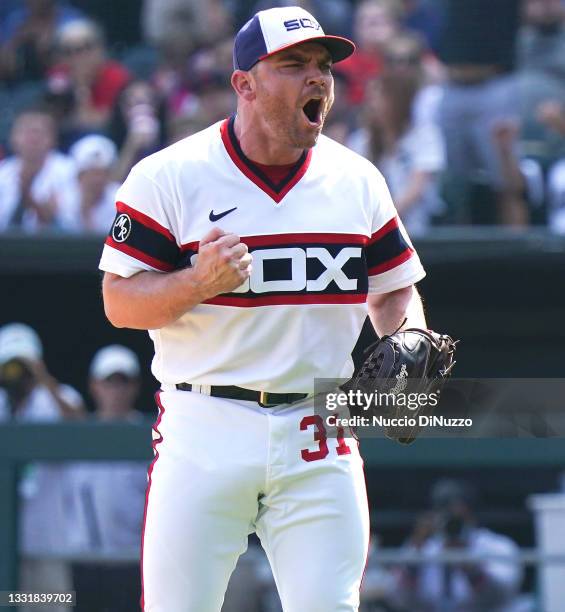 Liam Hendriks of the Chicago White Sox reacts at the end of the ninth inning against the Cleveland Indians at Guaranteed Rate Field on August 01,...