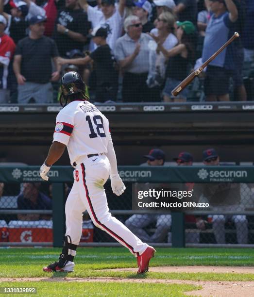 Brian Goodwin of the Chicago White Sox tosses his bat following his walk-off home run during the ninth inning of a game against the Cleveland Indians...