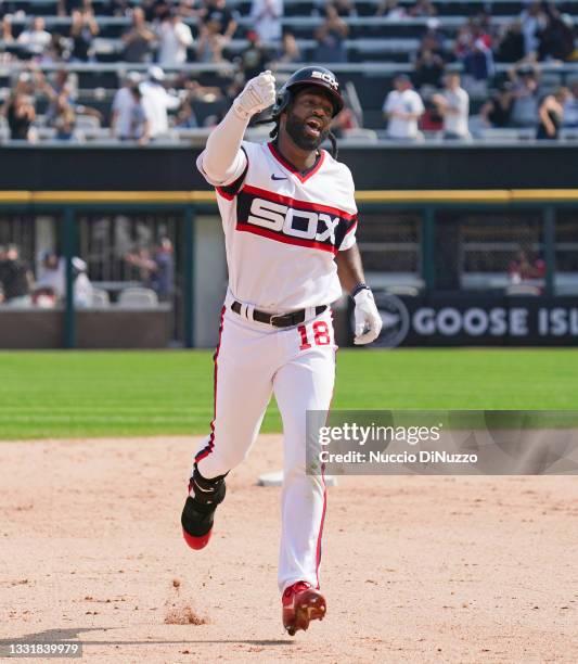 Brian Goodwin of the Chicago White Sox celebrates his walk-off home run during the ninth inning of a game against the Cleveland Indians at Guaranteed...