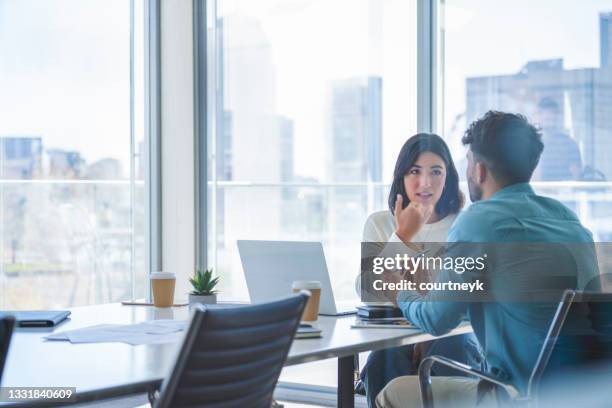 business woman and man meeting and talking - sales occupation bildbanksfoton och bilder