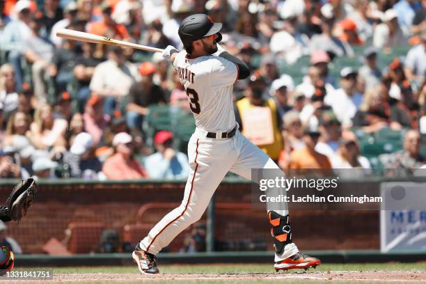 Kris Bryant of the San Francisco Giants hits a solo home run in the bottom of the third inning against the Houston Astros at Oracle Park on August...