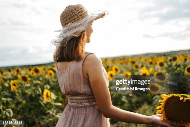 beautiful young woman in a sunflower field - happy sunflower stock pictures, royalty-free photos & images