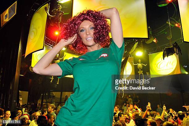 Model/actress Angelica Bridges, dressed like Carrot Top attends the Halfway to Halloween Party at the Eve nightclub at Crystals at CityCenter April...