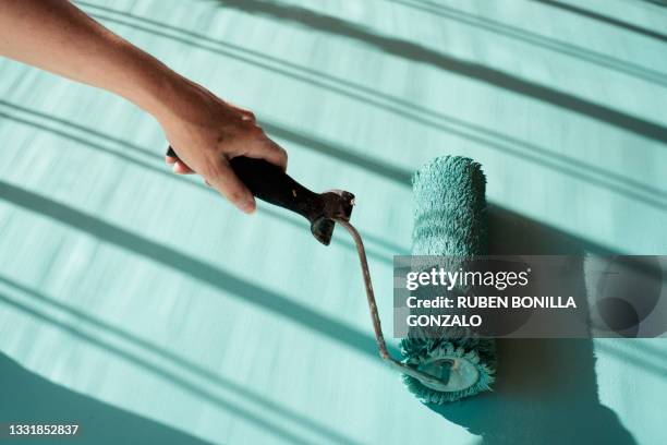 home improvement diy roller painting a wall - rollladen stock-fotos und bilder