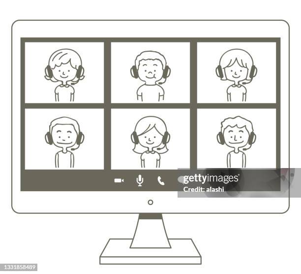 cute boys and girls wearing headphones on a computer monitor socializing or e-learning - zoom background stock illustrations