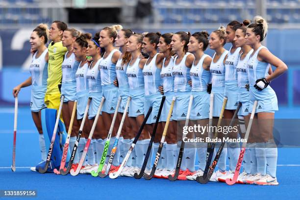 Team Argentina stands for the national anthem prior to the Women's Quarterfinal match between Germany and Argentina on day ten of the Tokyo 2020...