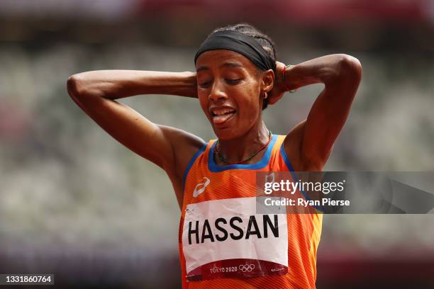 Sifan Hassan of Team Netherlands reacts after finishing first in round one of the Women's 1500m heats on day ten of the Tokyo 2020 Olympic Games at...