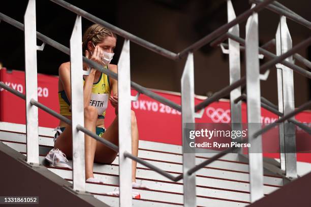Georgia Griffith of Team Australia looks on after competing in round one of the Women's 1500m heats on day ten of the Tokyo 2020 Olympic Games at...