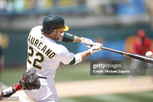 Ramón Laureano of the Oakland Athletics bats during the game against the Los Angeles Angels at RingCentral Coliseum on July 20, 2021 in Oakland,...