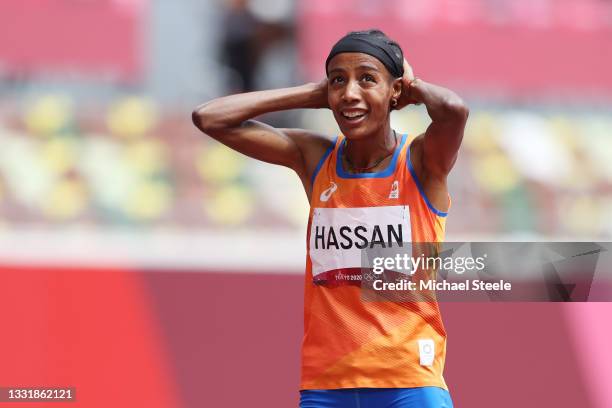 Sifan Hassan of Team Netherlands looks on during round one of the Women's 1500m heats on day ten of the Tokyo 2020 Olympic Games at Olympic Stadium...