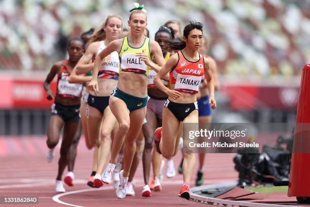 Linden Hall of Team Australia and Nozomi Tanaka of Team Japan compete in round one of the Women's 1500m heats on day ten of the Tokyo 2020 Olympic...