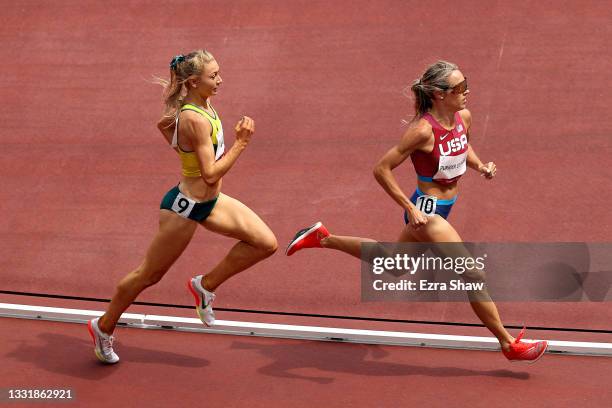 Elinor Purrier St. Pierre of Team United States runs ahead of Jessica Hull of Team Australia in round one of the Women's 1500m heats on day ten of...