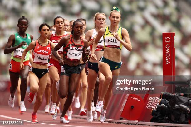 Linden Hall of Team Australia leads in round one of the Women's 1500m heats on day ten of the Tokyo 2020 Olympic Games at Olympic Stadium on August...