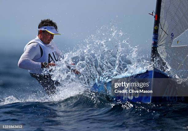 Jake Lilley of Team Australia competes in the Men's Finn class on day nine of the Tokyo 2020 Olympic Games at Enoshima Yacht Harbour on August 01,...