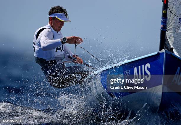 Jake Lilley of Team Australia competes in the Men's Finn class on day nine of the Tokyo 2020 Olympic Games at Enoshima Yacht Harbour on August 01,...