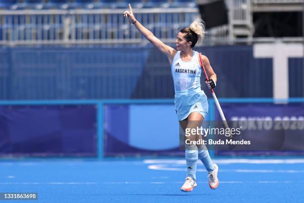 Agustina Albertarrio of Team Argentina reacts after scoring the first goal during the Women's Quarterfinal match between Germany and Argentina on day...